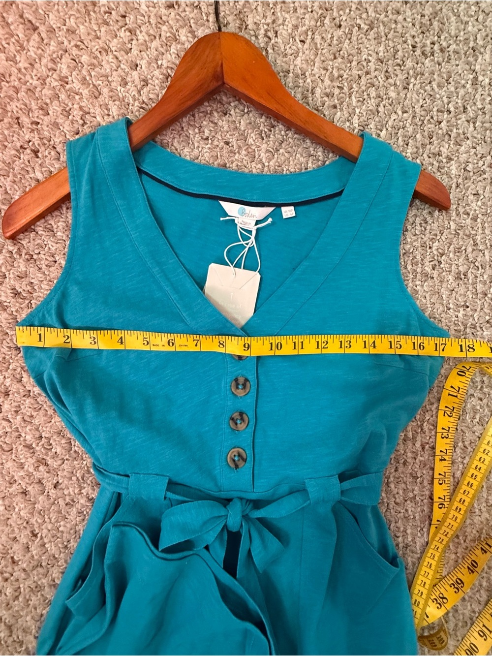 Boden Teal Sleeveless V-Neck Button Front Tie-Waist Dress. Size 6 - Picture 3 of 5